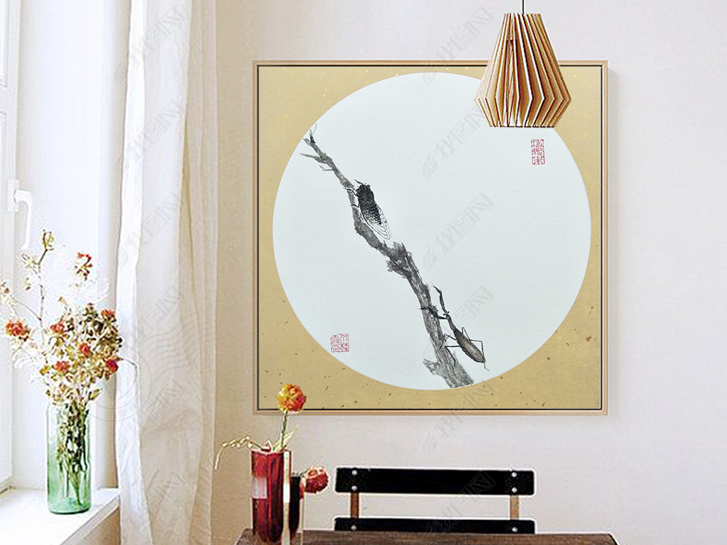 螳螂捕蝉新中式国画简约禅意装饰画无框画