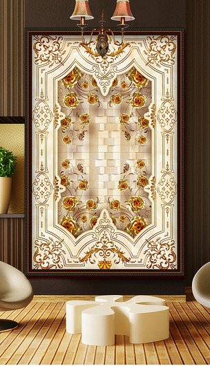欧式花纹金玫瑰石材浮雕玄关背景墙