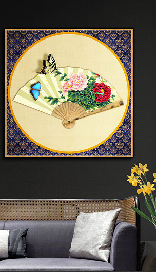红色复古中国风折扇牡丹无框画装饰画