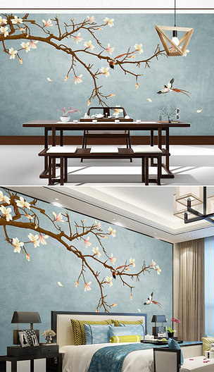 新中式手绘玉兰花条屏工笔花鸟背景墙壁画