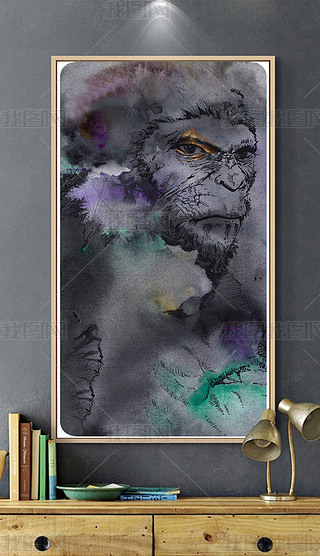 新中式现代个性创意手绘黑白泼墨猴子猿人装饰画