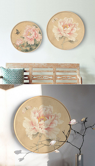 新中式手绘花鸟玄关工笔牡丹蝴蝶圆形装饰画