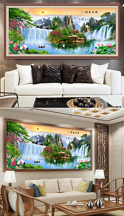 大型迎客松沙发背景墙流水生财山水画写真