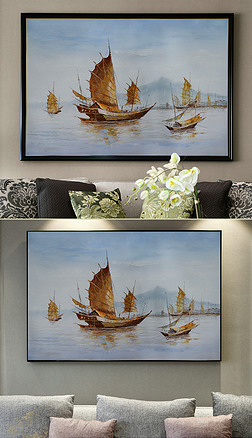 高画质江河渔船装饰油画