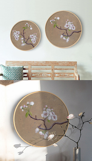 新中式无框画圆形手绘油画梅花玄关装饰画