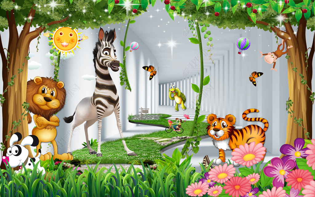 动物总动员唯美森林树林卡通儿童房装饰画