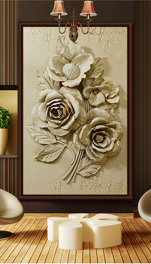 欧式金色3d立体浮雕花卉玄关背景墙壁画