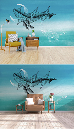 现代北欧简约手绘水彩鲸鱼儿童房壁画背景墙