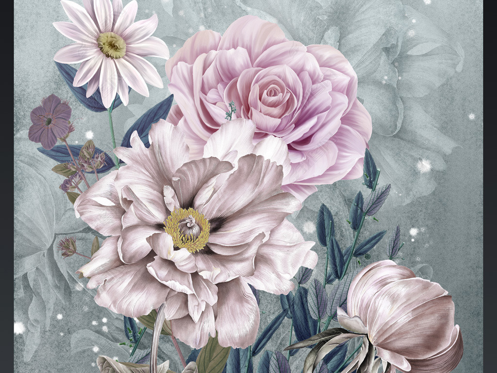 北欧现代清新手绘水彩花卉客厅三联装饰画