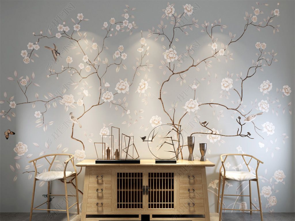 高清中式客厅卧室墙布墙纸效果图场景样机96