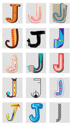 英文创意字母j卡通艺术英文字体免扣素材