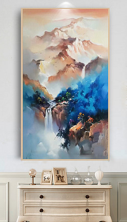 山水背景墙色彩玄关|新中式纯手绘抽象山水瀑布油画背景墙