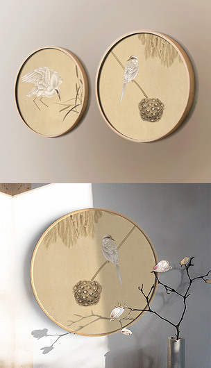 新中式手绘花鸟圆形装饰画圆形工笔花鸟手绘