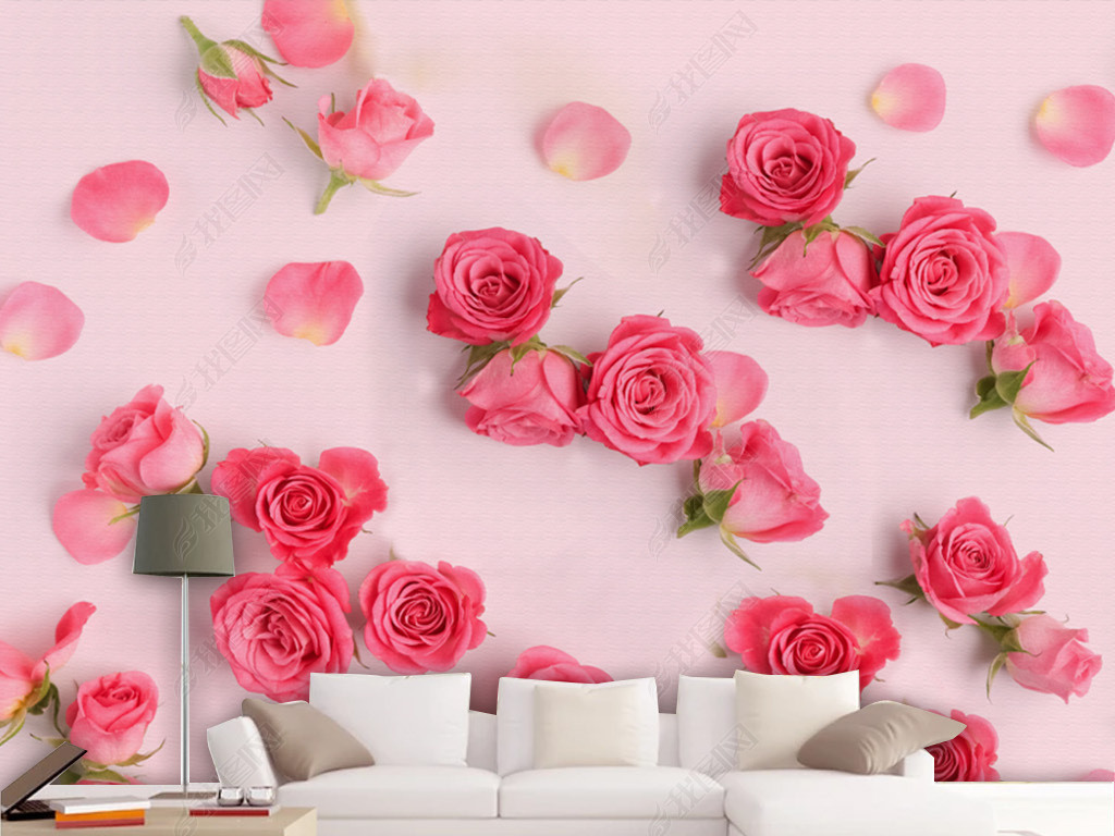 深红红玫瑰粉玫瑰花墙电视背景墙客厅沙发背景墙