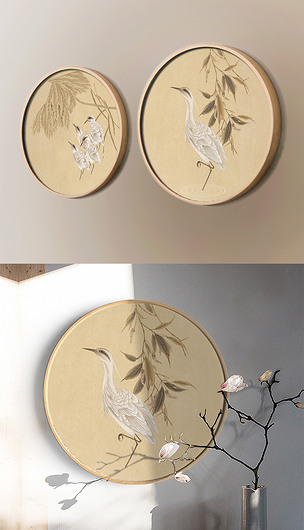 新中式手绘花鸟圆形装饰画圆形工笔花鸟手绘