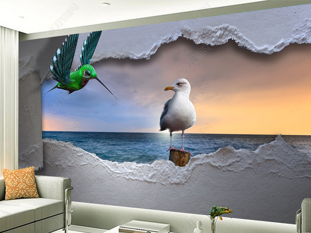 欧式大海立体飞鸟夕阳风景背景墙