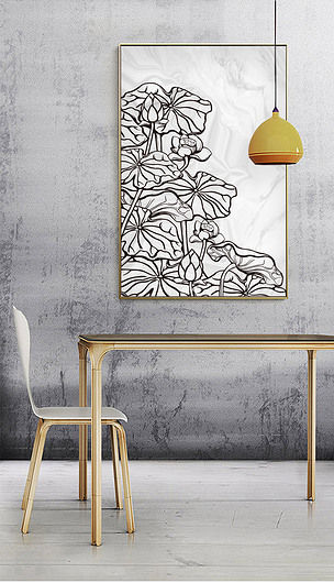 新中式线描荷花玄关背景墙装饰画