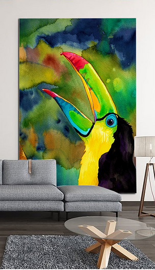 欧式风格丛林鹦鹉大嘴鸟手绘水彩油画装饰画