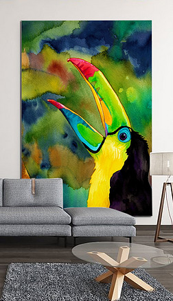 欧式风格丛林鹦鹉大嘴鸟手绘水彩油画装饰画