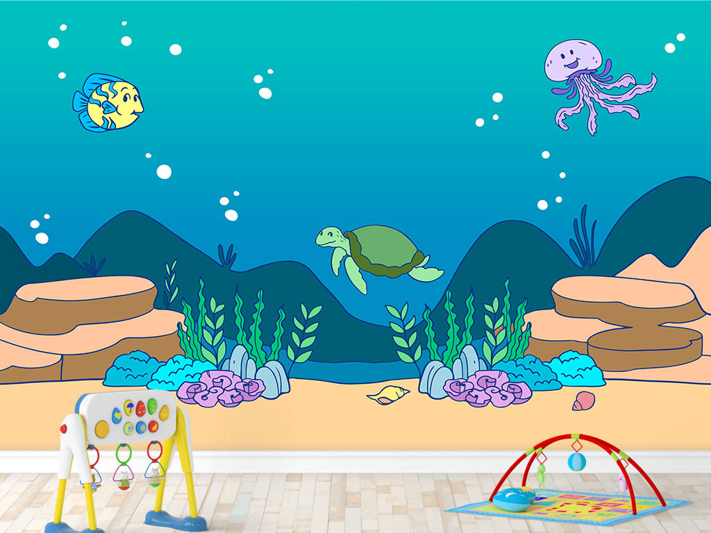 卡通手绘儿童房小乌龟背景墙壁纸