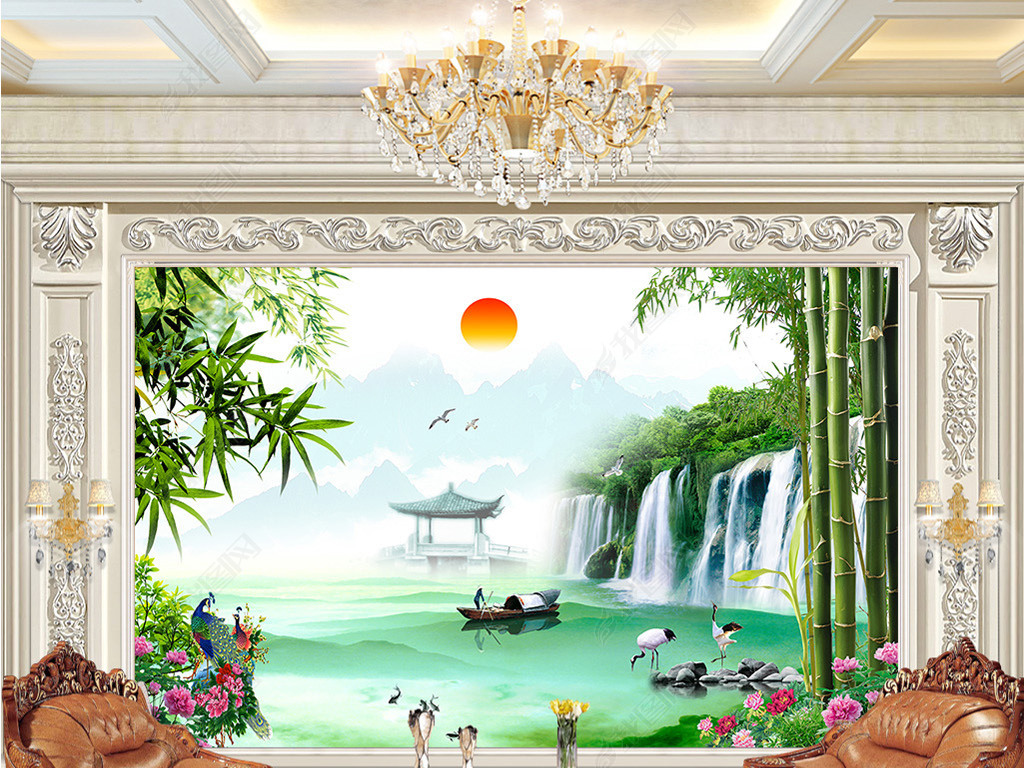 风景画风水画山水画中式沙发背景墙装饰画下载-编号17826887-客厅电视