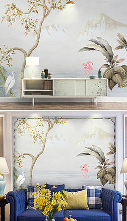 美式欧式北欧小清新植物山水西洋画背景墙