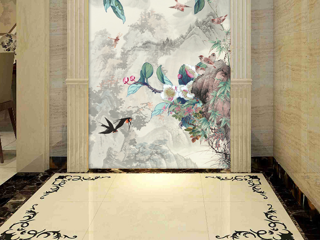 家和富贵中式花鸟图水墨画古典玄关背景墙