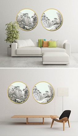 新中式水墨山水装饰画圆形挂画山水图