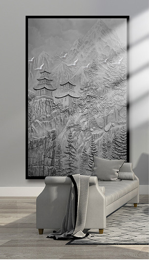 3d立体浮雕山水森林小鸟玄关背景墙装饰画