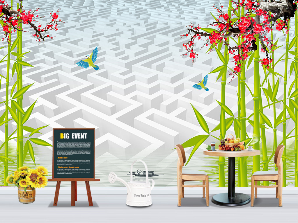 3d立体空间梅花竹子荷花天鹅壁画