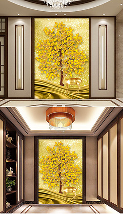 玄关摇钱树玄关|摇钱树3d新中式玄关壁画