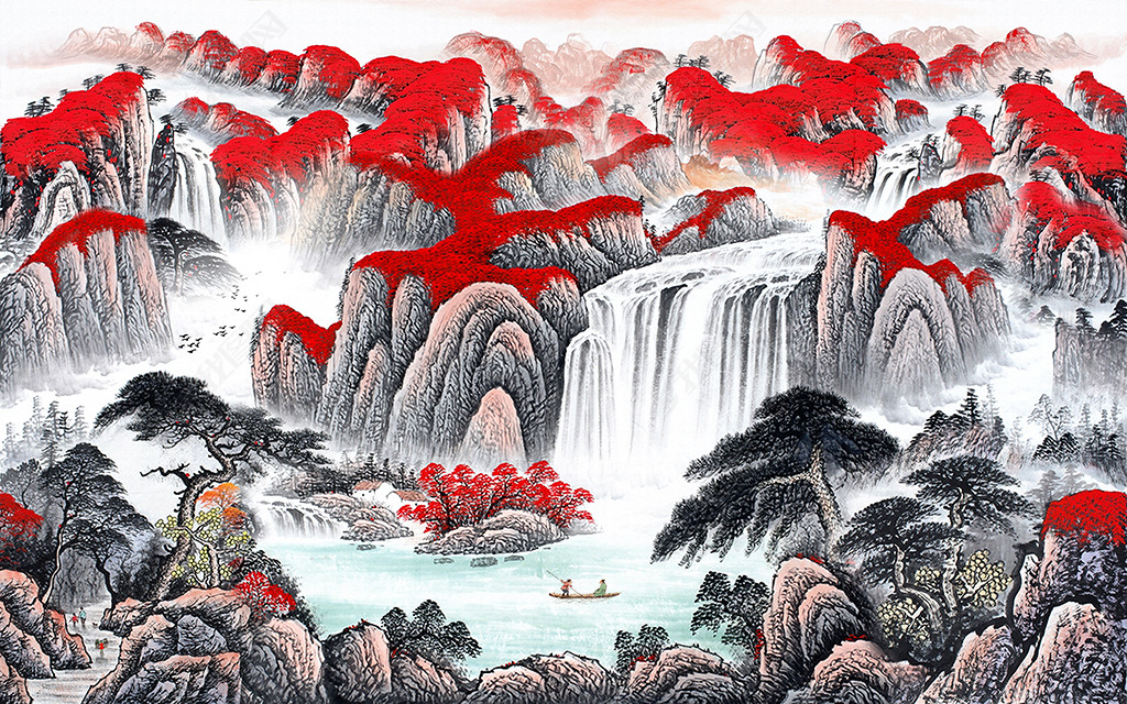 红色新中式满山红风水招财鸿运当头水墨背景