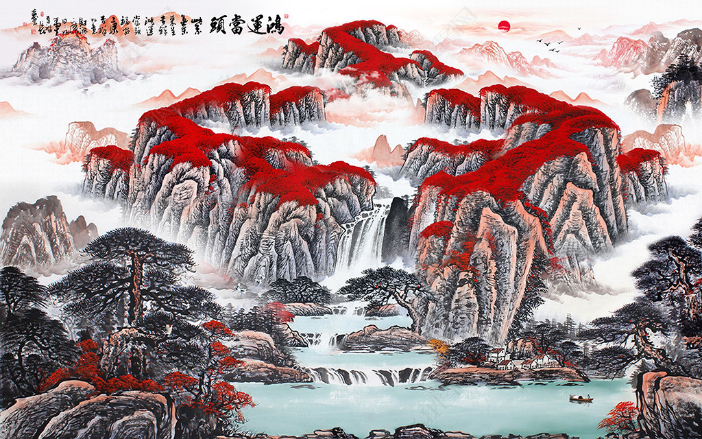 大型招财聚宝盆山水鸿运当头电视背景墙装饰