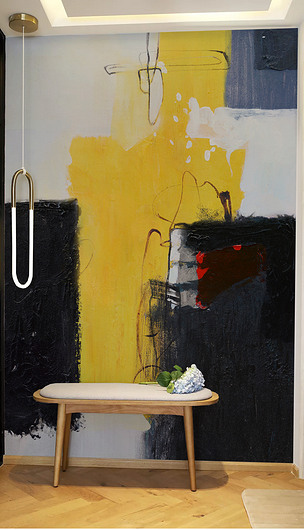 竖幅装饰油画玄关抽象黑黄原创