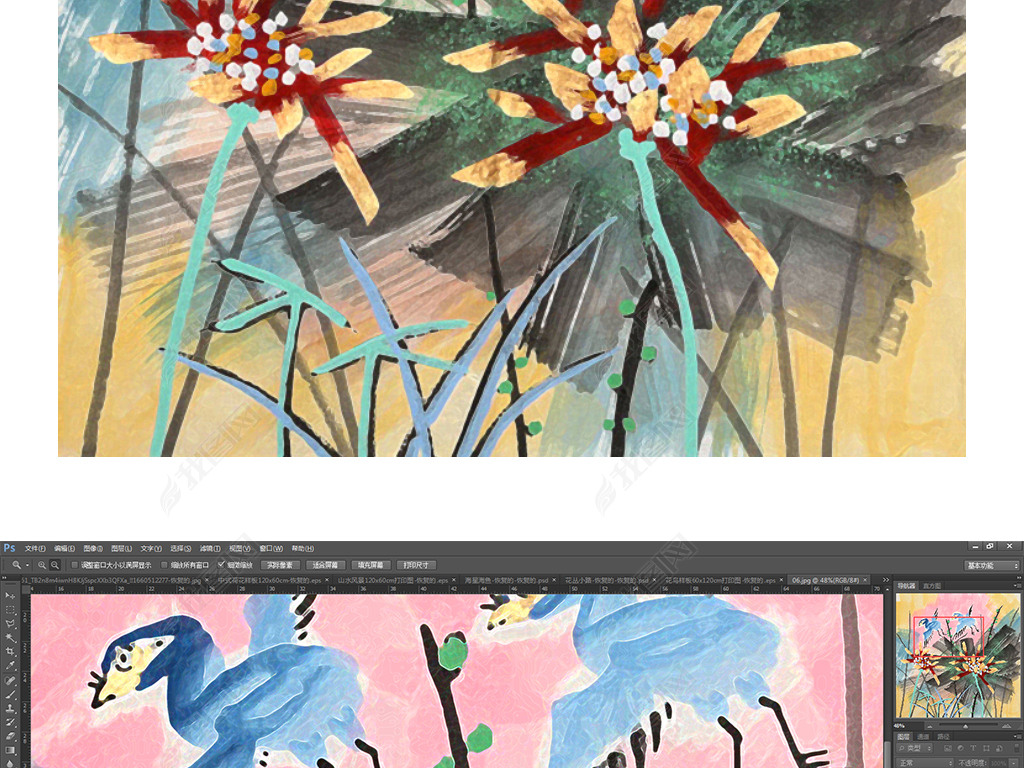 高清抽象油画手绘花鸟装饰画无框画挂画