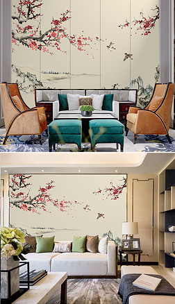 手绘新中式梅花工笔画花鸟沙发背景墙装饰画