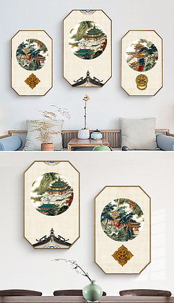 工笔楼阁装饰画|新中式中国风工笔亭台楼阁中国建筑简约装饰画