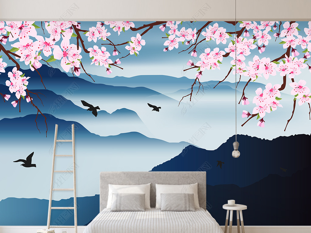 原创新中式手绘工笔花鸟山峰背景墙装饰画