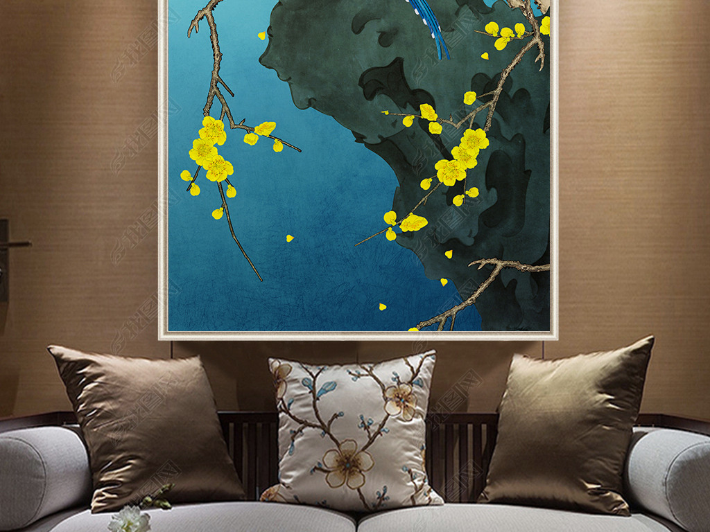 新中式手绘梅花工笔花鸟玄关背景墙装饰画