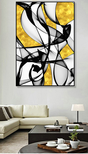 现代简约黑白抽象线条金箔装饰画玄关画