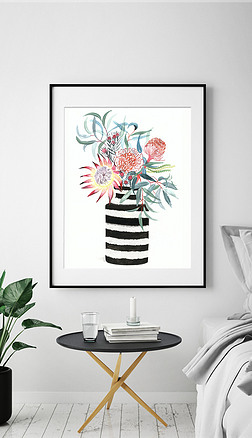 插花 水墨装饰画|北欧手绘小清新热带植物花瓶插花装饰挂画