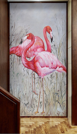竖幅装饰油画玄关火烈鸟