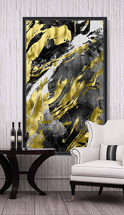 泼墨风格装饰画|黑色泼墨墨迹现代风格金色抽象玄关装饰画