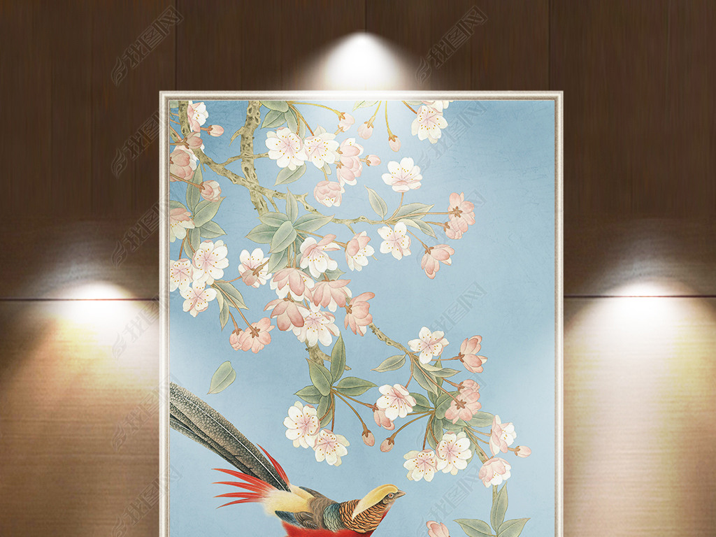 海棠花手绘工笔花鸟新中式玄关背景墙装饰画