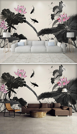 新中式简约素雅水墨荷花背景墙壁画装饰画