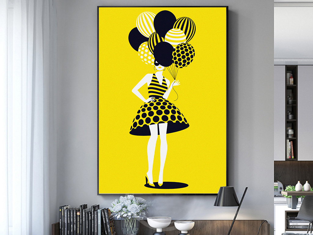 北欧简约现代创意美女背影彩色气球装饰画