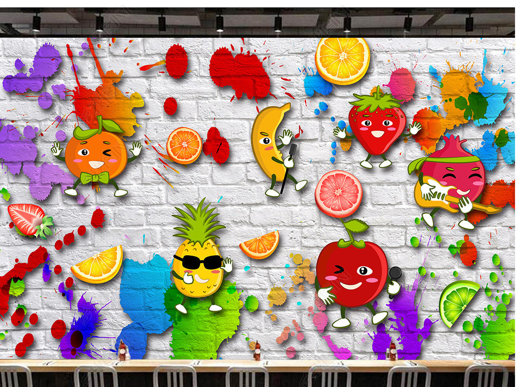原创水果蔬菜水彩墨迹涂鸦工装厨房餐厅背景墙版权可商用