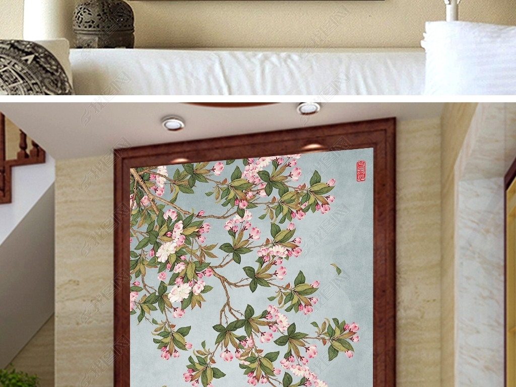 手绘海棠工笔花鸟玄关背景墙玄关装饰画壁画