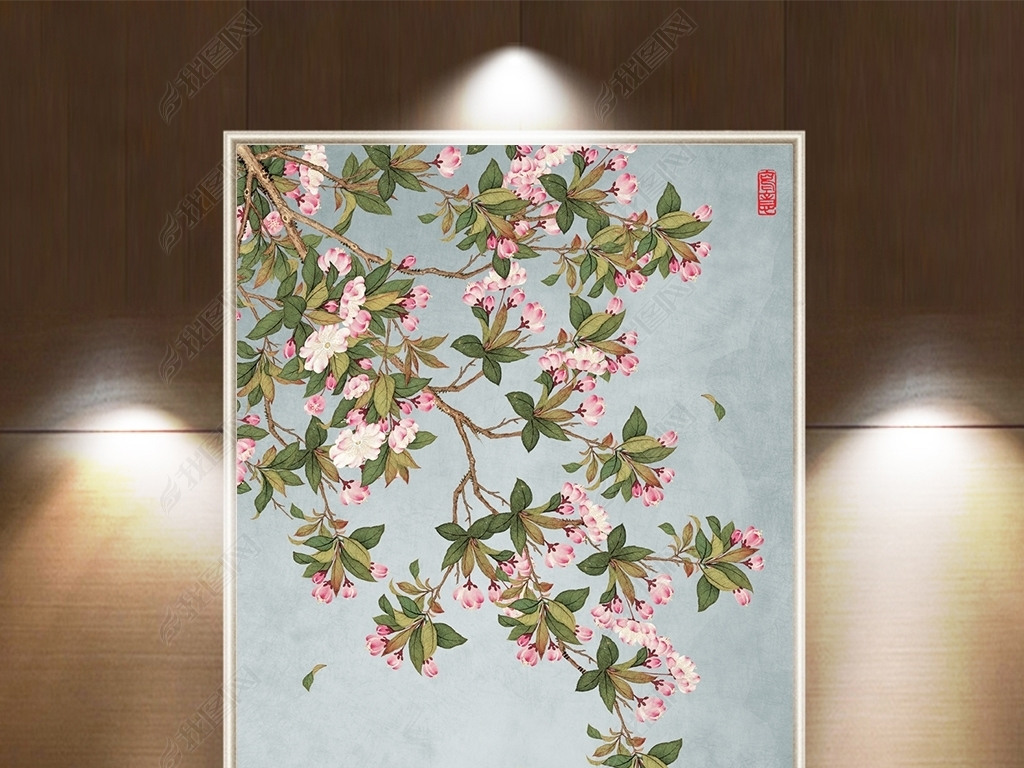 手绘海棠工笔花鸟玄关背景墙玄关装饰画壁画