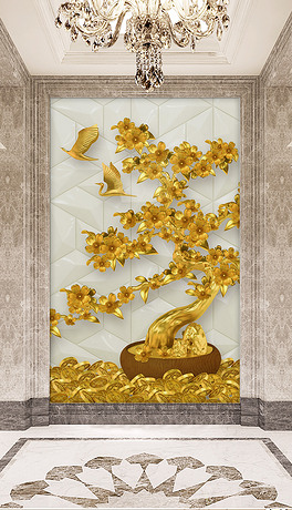 3d立体金色摇钱树发财树招财树金色玄关